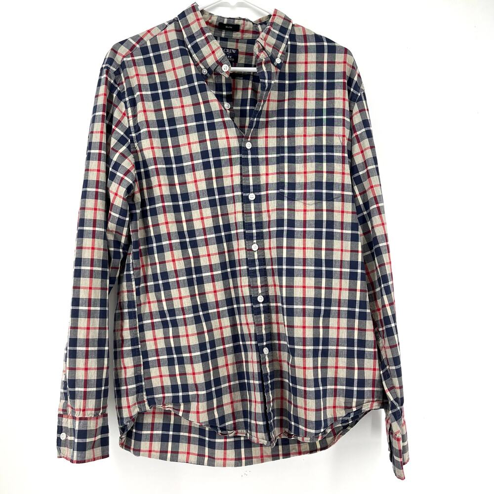 J.Crew Women's Cotton Plaid Button-Up Shirt Slim Fit Flex Washed Size L blue red